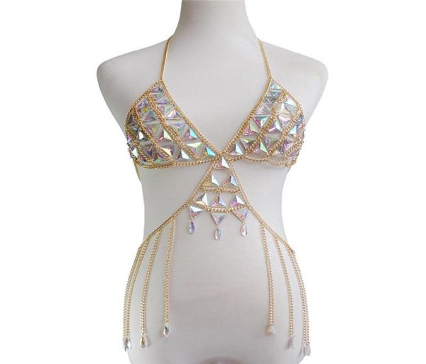

women's tanks & camis shiny rhine tank halter hollow out gems patchwork metal tassel women crop rave festival lady fashion1744215, White