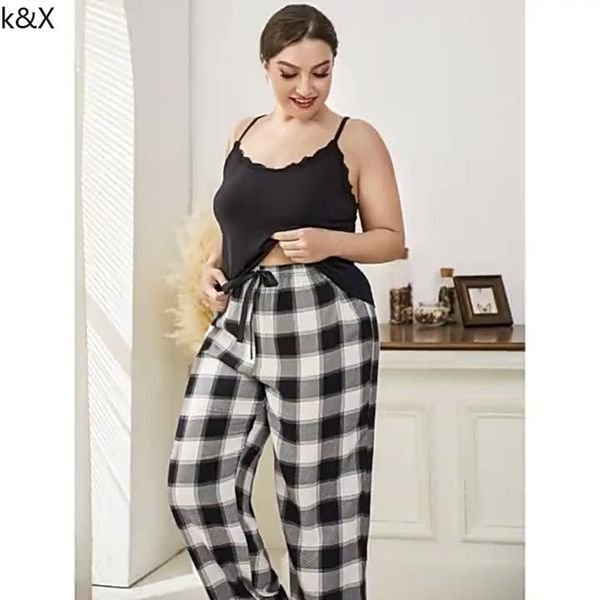 

women's plus size pants suit two piece set 4xl big pyjamas plaid bottoms sleep wear women lace cami pajama elastic waist pant sets 2308, Black