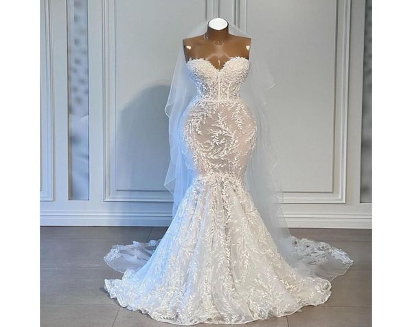 

elegant mermaid wedding dresses sleeveless sweetheart strapless sequins appliques bridal gowns lace train 3d lace hollow ruffles s8145267, White