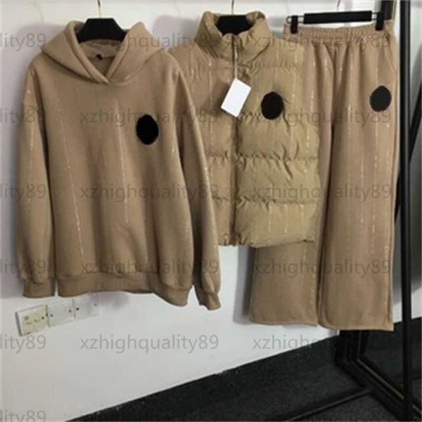 

designer tracksuit women fashion warm three piece set letter stamping striped cotton vest jacket hooded padded sweater wide-leg pants design, Gray