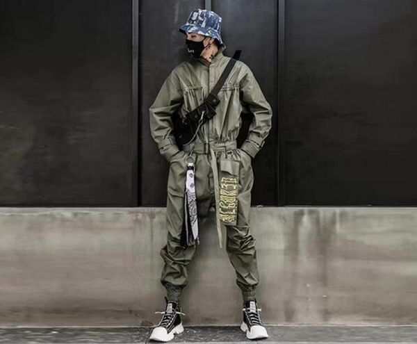 

cool 2020 hip hop streetwear jumpsuits men ribbon embroidered cargo pants long sleeve rompers joggers techwear men8975349, Black