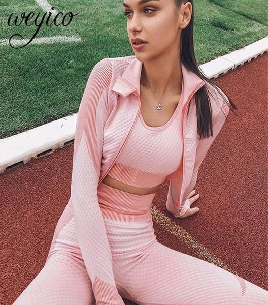

seamless yoga set women workout gym suits female 3 pieces long sleeve fitness sports wear training running clothing yoga clothes y9462232, Gray