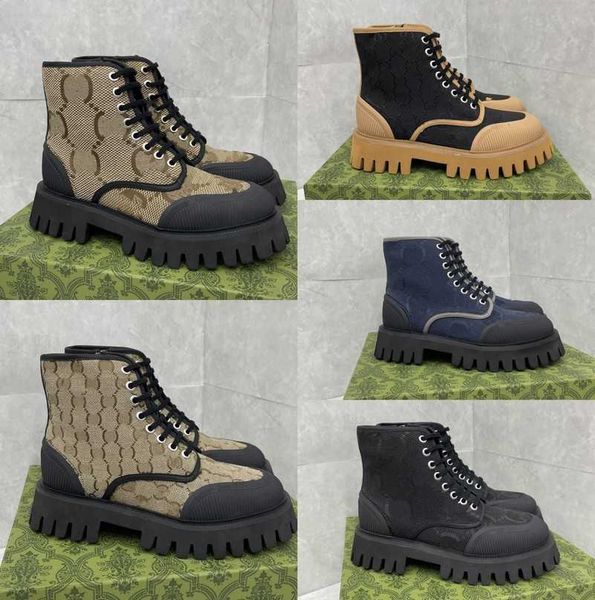 

interlocking g canvas rubber ankle boots women men italy lace-up chelsea boot chunky thick bottom low heel combat booties outdoor short boot, Black