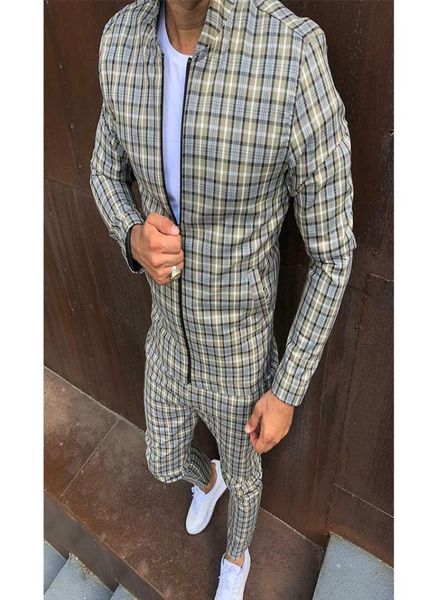 

new fashion jackets men tracksuit sets mens set colorful plaid men casual zipper set autumn tracksuit male sweatshirt pocket1637234, Gray