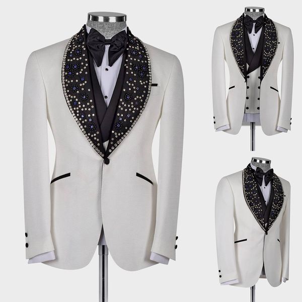 

luxury men wedding jacket shawl lapel slim fit suits for male crystal beads 2 pcs coat vest custom made, Black;gray