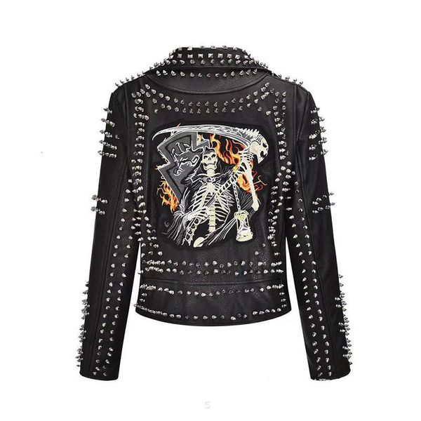 

women's jackets women spring rivet death patch fuax leather jackets for punk rock rivet streetwear high waist short motorcycle jackets, Black;brown