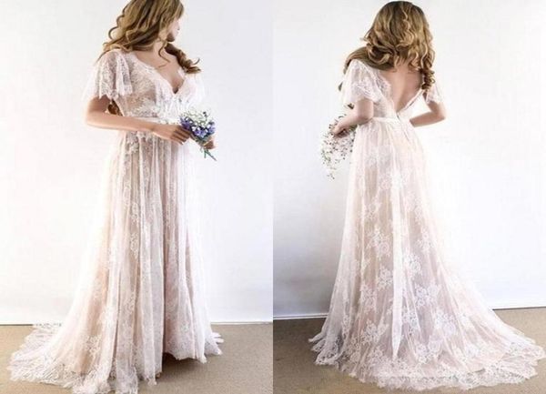 

summer bohemian lace wedding dresses v neck backless a line appliqued boho wedding gowns plus size forest garden robe de sori5556419, White