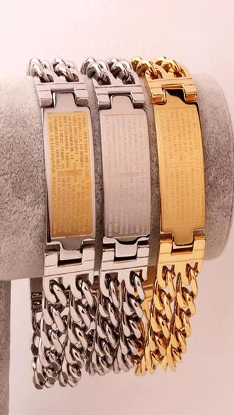 

stainless steel high polish mens lord's prayer bracelet vintage bible bracelets double layer chain bangles cool jewelry punk pulseras34, Golden;silver