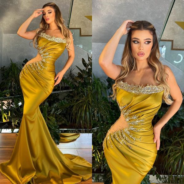 

yellow mermaid evening dresses strapless beads illlusion cutaway sides formal party prom dress red carpet long dresses for special occasion, Black;red