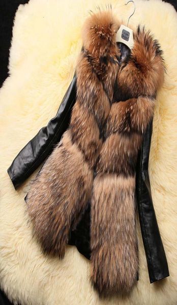 

fashion winter fur coat jacket women new leather parka casual outwear hooded coat faux raccoon fur plus size manteau femme clothes6353014, Black