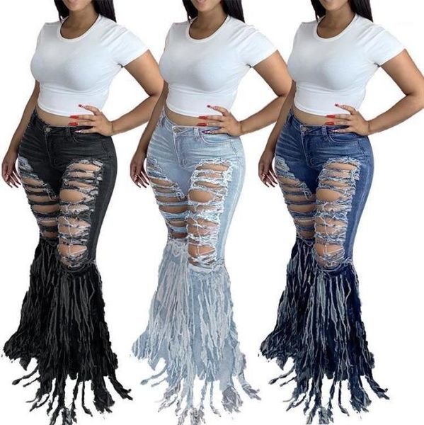 

fashion women vintage holes ripped flared jeans pants high waist bellbottoms slim fit tassels hem denim flare trousers women0399005751, Black;white