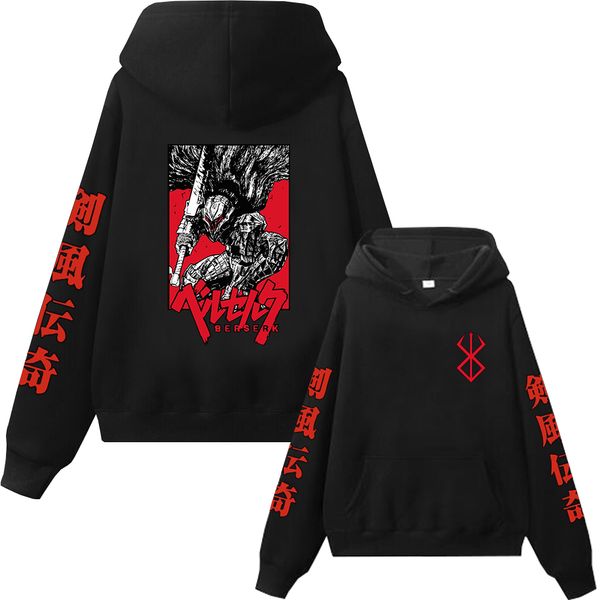 

anime hoodie berserk graphic hoodies streewear men pullovers hooded sweatshirts haruku fleece sweatshirt y2k sweater, Black