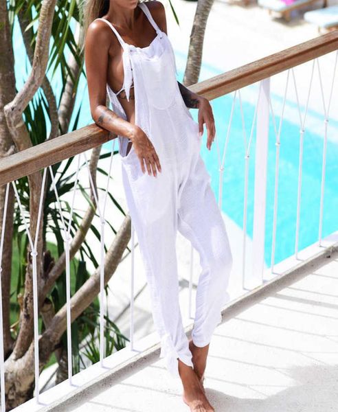

2019 new cotton linen beach cover ups jumpsuit overalls bib pants women bikini swimsuit swimwear cover up beachwear y08206961683, White;black