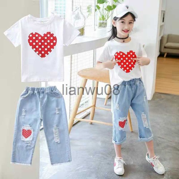 

clothing sets fashion 2023 girls clothes sets summer short sleeve tshirt jeans pants 2pcs children clothing kids outfits teen 6 8 10 12 yea, White