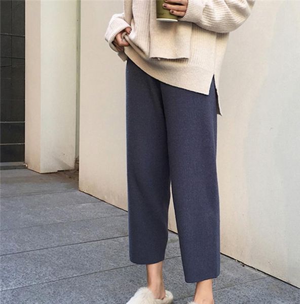 

elegant korean stylish women039s trousers ankle length knitted wool spring high waist pants wide leg pants for women 2020 aut5864568, Black;white