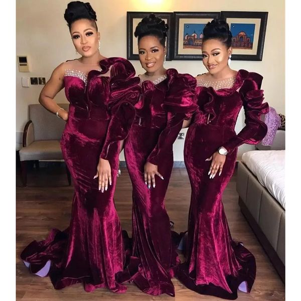 

ruffles velvet mermaid bridesmaid dresses one long sleeve beaded wedding party gowns for black girls sweep train elegant women prom party ev, White;pink