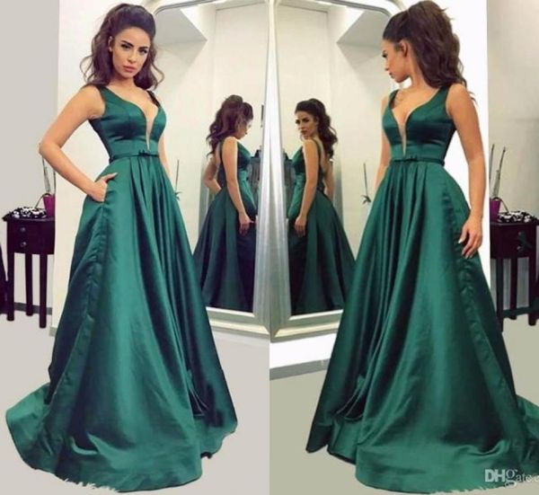 

2018 elegant dark green a line evening dresses v neck long prom dresses with pockets simple satin formal evening dresses for women6539235, Black;red
