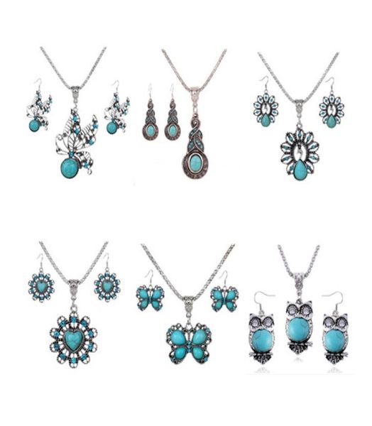 

jewelry sets necklace earrings fashion women vintage ethnic imitation turquoise rhinestone 2piece set party jewelry whole tjs4002530, Silver