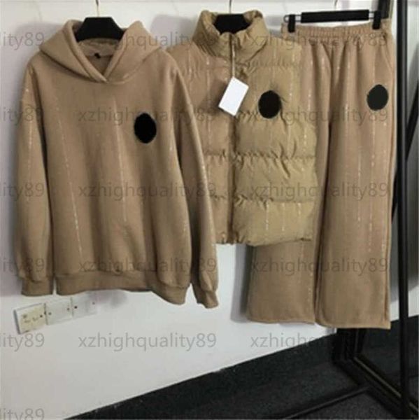 

designer tracksuit women fashion warm three piece set letter stamping striped cotton vest jacket hooded padded sweater wide-leg pants design, Gray