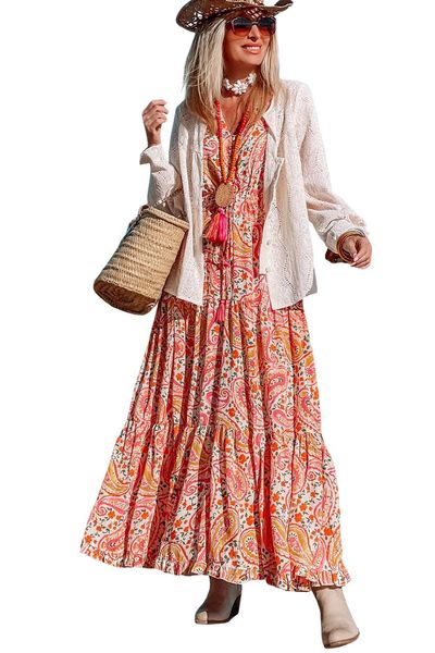 

2023 women clothes boho holiday dress casual paisley print tiered long dresses women, Black;gray