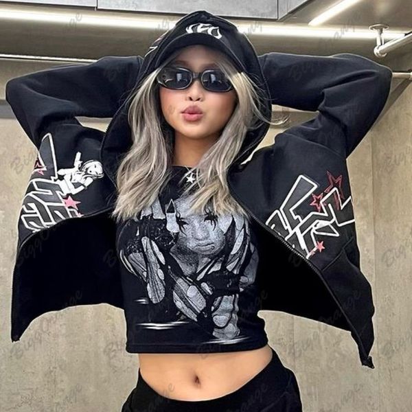 

women's hoodies sweatshirts american style autumn and winter women sweater alphabet star print zipper jacket gothic hip-hop y2k men and, Black