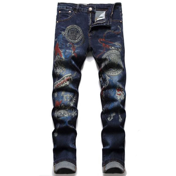

new jeans chino pants pant men's trousers stretch close-fitting slacks washed straight skinny embroidery patchwork ripped mens trend br, Blue