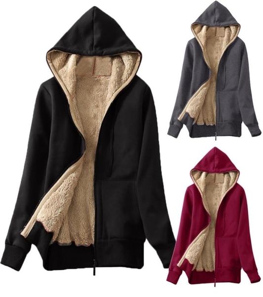 

women winter thicken hoodie sweatershirt casual warm coat fluffy fur fleece lined zipper up hooded jacket casual outwear 38 y20091114452, Black