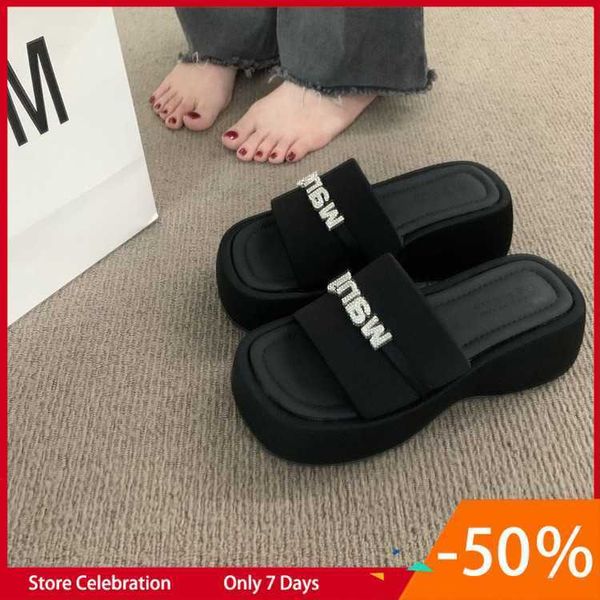 

fashion letter thick sole women's spring/summer 2023 new matsuke elevated water diamond casual slippers, Black