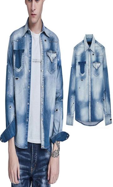 

2019 longsleeves cowboy shirt for men painted effect bleach washed distressed denim cotton shirts cool guy3094856, White;black