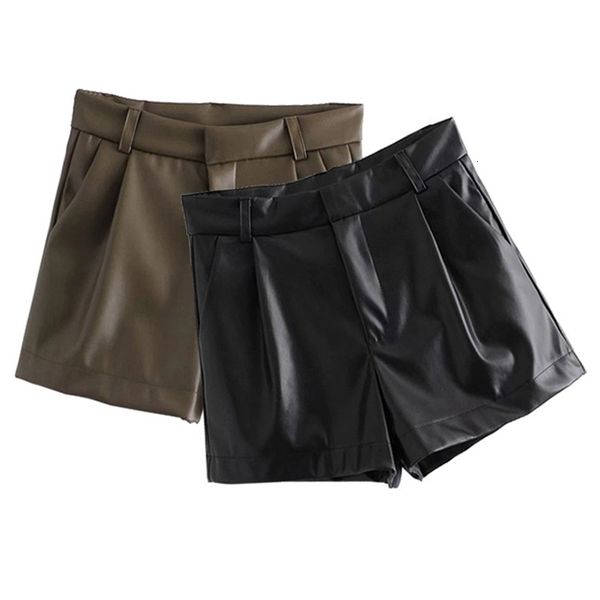 

women's shorts traf women chic fashion side pockets faux leather vintage high waist zipper fly female short pants mujer 230803, White;black