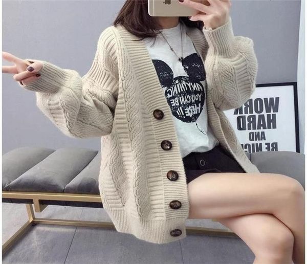 

autumn winter knitted cardigan women new korean version lazy style casual loose versatile solid color button lady sweater coat8964404, White;black