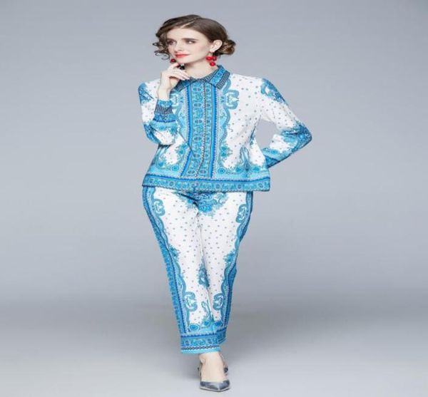 

whole new spring summer fall 2pcs womens ladies casual sets vintage floral print collar long sleeve shirt blouse pant suit97939874540, White