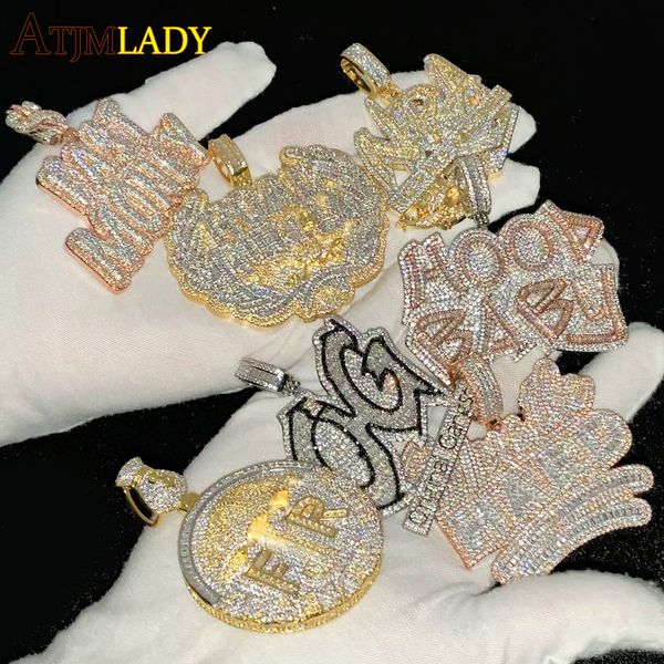 

pendant necklaces iced out bling two tone color cz letters necklace cubic zirconia various design badge men women fashion hip hop jewelry 23, Silver
