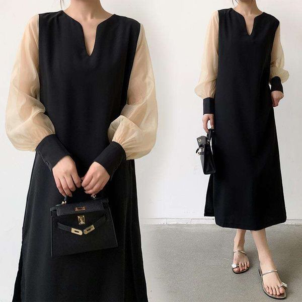 

japanese lotte autumn style loose long sleeve casual chiffon stitching dress for women, Black;gray