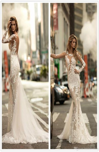 

illusion lace mermaid wedding dresses open back long sleeve tulle applique court train bridal wedding gowns vestidos d8716157, White