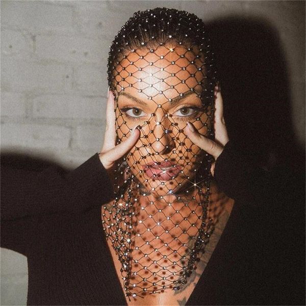 

wide brim hats bucket women balaclava elastic turban ladies shining fishnet headhood holiday party head mask diamond headwrap headcover 2308, Blue;gray