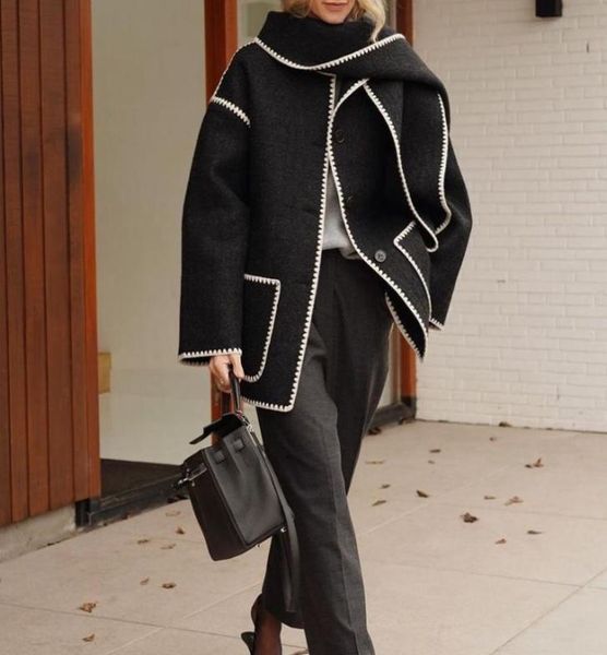 

21fw toteme singlebreasted tassel scarf wool coat jackets018302733, Black;brown