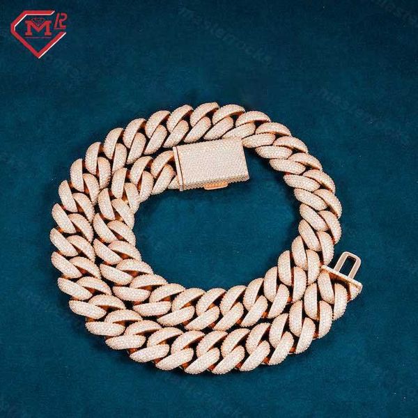 

hip hop men luxury rose gold plated chain 20mm width full moissanite miami iced out cuban link chain necklace, Silver