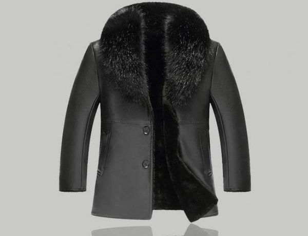 

men fashion large fur collar winter warm leather jacket 2018 slim long singlebreasted slim coats motorcycle leather jackets8805323, Black