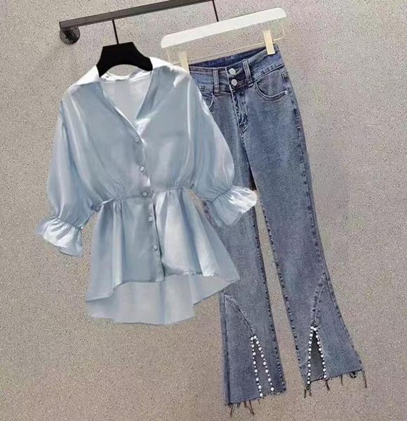 

women039s two piece pants summer fashion wear suit 2023 design micro flared jeans shirt short sleeve casual twopiece setwomen1532835, White