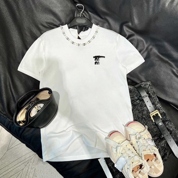 

set 23 summer new product neckband water diamond round neck short sleeve t-shirt spliced high waist fur beard belt half body, White