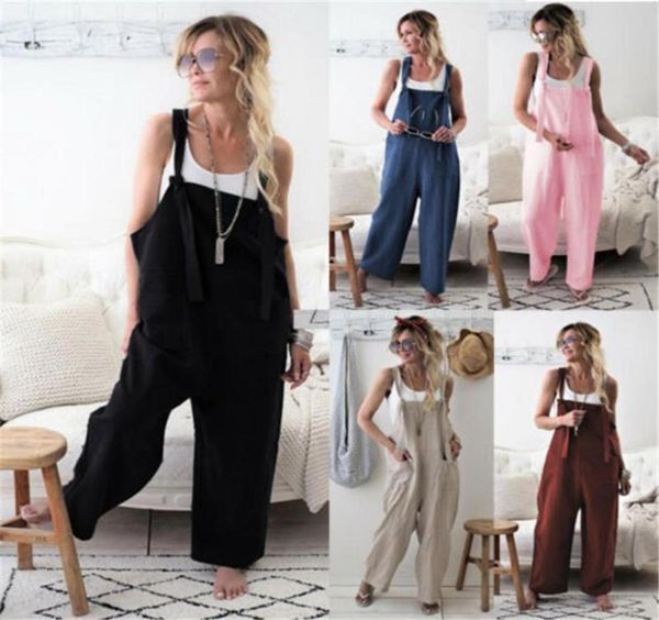 

women039s jumpsuits rompers 2021 brand women casual loose cotton linen solid pockets jumpsuit overalls wide leg cropped pants3899903, Black;white