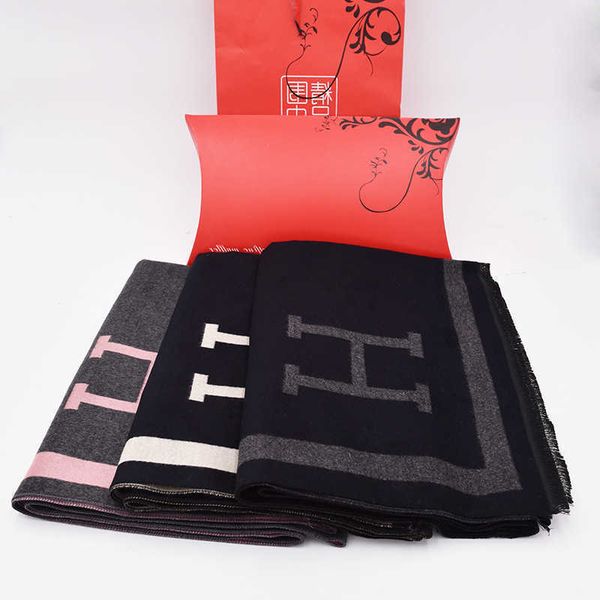 

2023 autumn winter new korean version high grade double sided h letter imitation cashmere fringe scarf women's thickened warm shawl d71, Blue;gray
