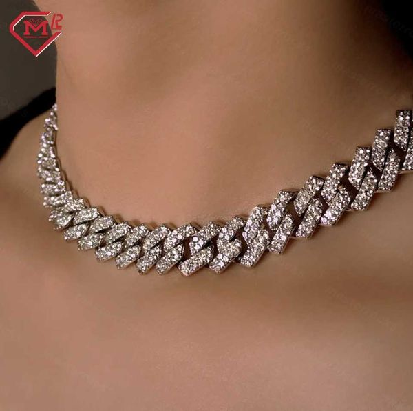 

sterling silver 15mm 2 rows micro pave prong cuban chain necklaces hiphop full iced out moissanite cuban link chain for men