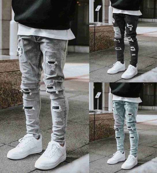 

luxury mens designer jeans autumn and winter men slim tight jeans with broken holes broken patch shorts, Blue