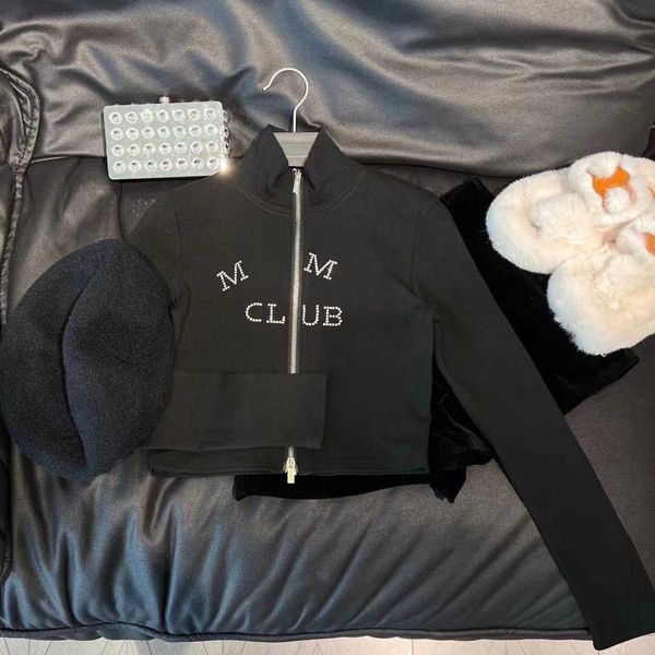 

early spring 2023 new high waist rolled diamond letter double zipper elastic knitted short bottom shirt small coat for women, White