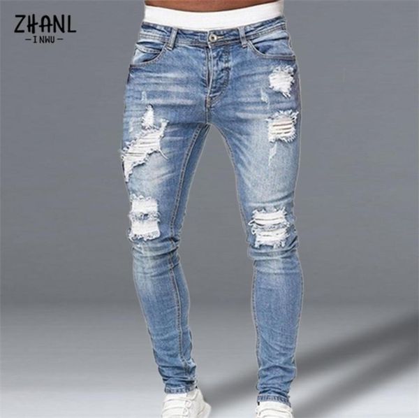 

fashion black jeans men skinny slim fit denim trousers hip hop elastic ripped man streetwear casual jean for men clothing 2201188108856, Blue