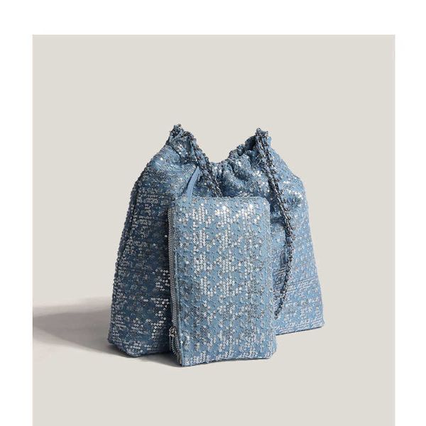 

trash bag chain bucket bag ladies large capacity shoulder tote denim sequins underarm bag 0811