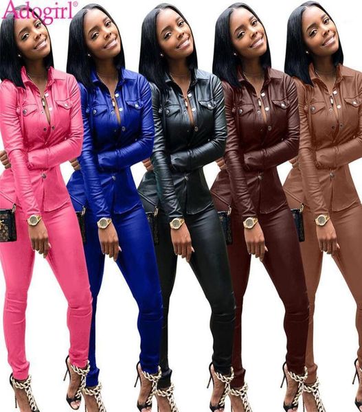 

women039s tracksuits adogirl plus size s3xl women solid pu leather two piece set long sleeve shirt pencil pants fashion ca3205487, Gray