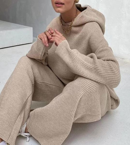 

women039s tracksuits 2021 autumn winter knitted two piece sweatershirt set women wide leg pants suit loose solid gray casual 2 1462739